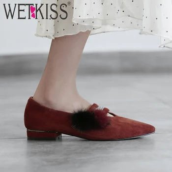 

WETKISS Kid Suede Women Flats Pointed Toe Fur Footwear Flat Sole Female Shoes Fashion Casual Shoes Woman 2019 Spring New Black