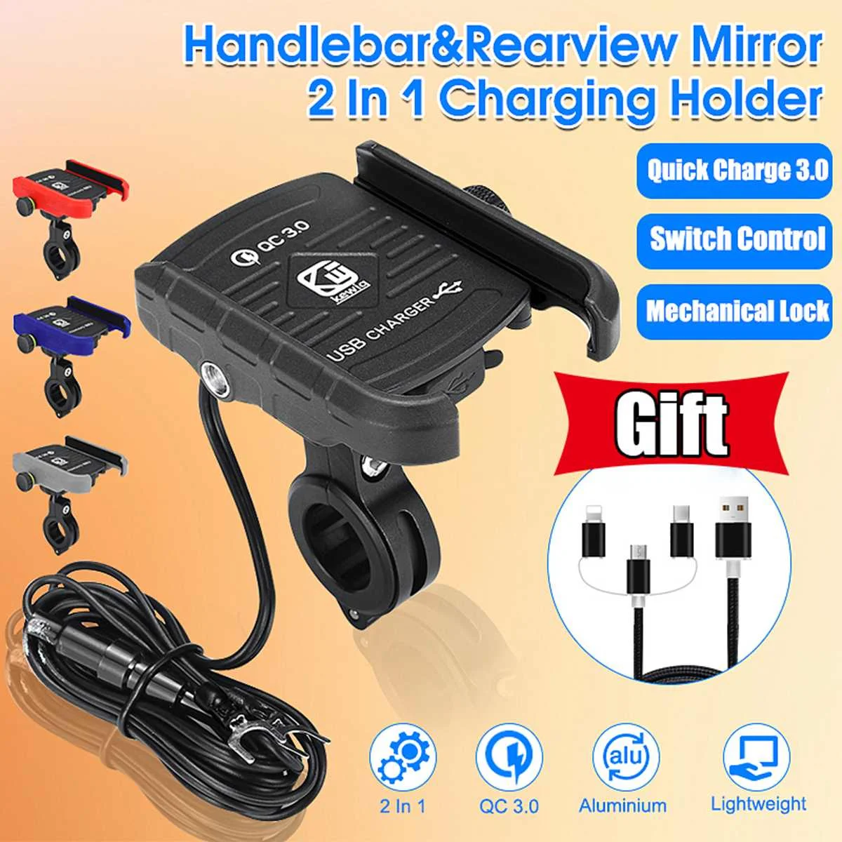 

QC3.0 Bike Mobile Phone Holder USB Charger Motorcycle Handlebar Stand Fast Charging for Samsung for Huawei 3.5-7'' Phone Bracket