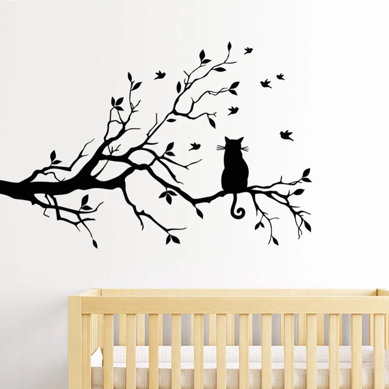 Cat on tree branch leaves wall sticker