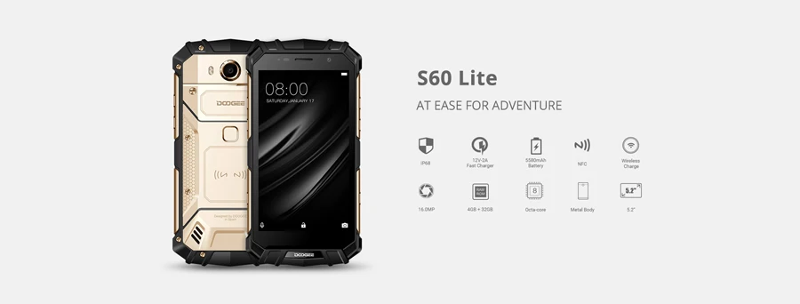 DOOGEE S60 Lite IP68 Water 5580mAh Wireless Charge 12V2A Quick Charge 5.2'' FHD MT6750T Octa Core 4GB 32GB Smartphone 16.0MP Cam