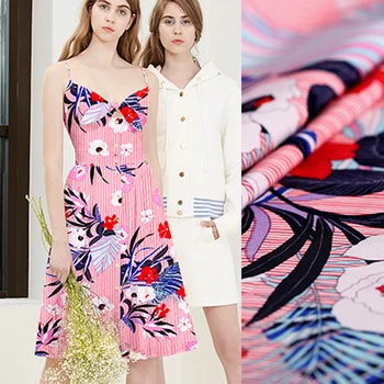 

145CM Wide 240G/M Weight Stripe and Floral Print Blue Red Cotton Rayon Fabric for Autumn and Spring Dress Coat Jacket E787