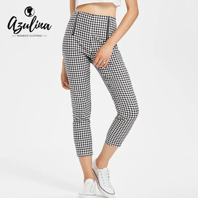 AZULINA Gingham Print Plaid High Waisted Slacks Pants Summer Fall Pencil Pants Trousers 2018 Causal Women Pant Zipper Fly Capris