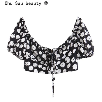 

Chu Sau beauty Sweet Chrysanthemum Printed Crop Top Women French Style Cool Breathable Holiday Short Blouses Vestidos De Mode