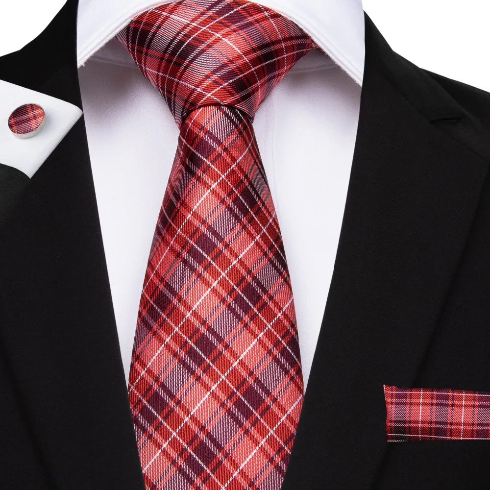 

2019 DiBanGu New Top Red Plaid Men's Tie 100% Silk Ties Hanky Cufflinks Necktie Suit Business Wedding Party Tie Set SJT-7015