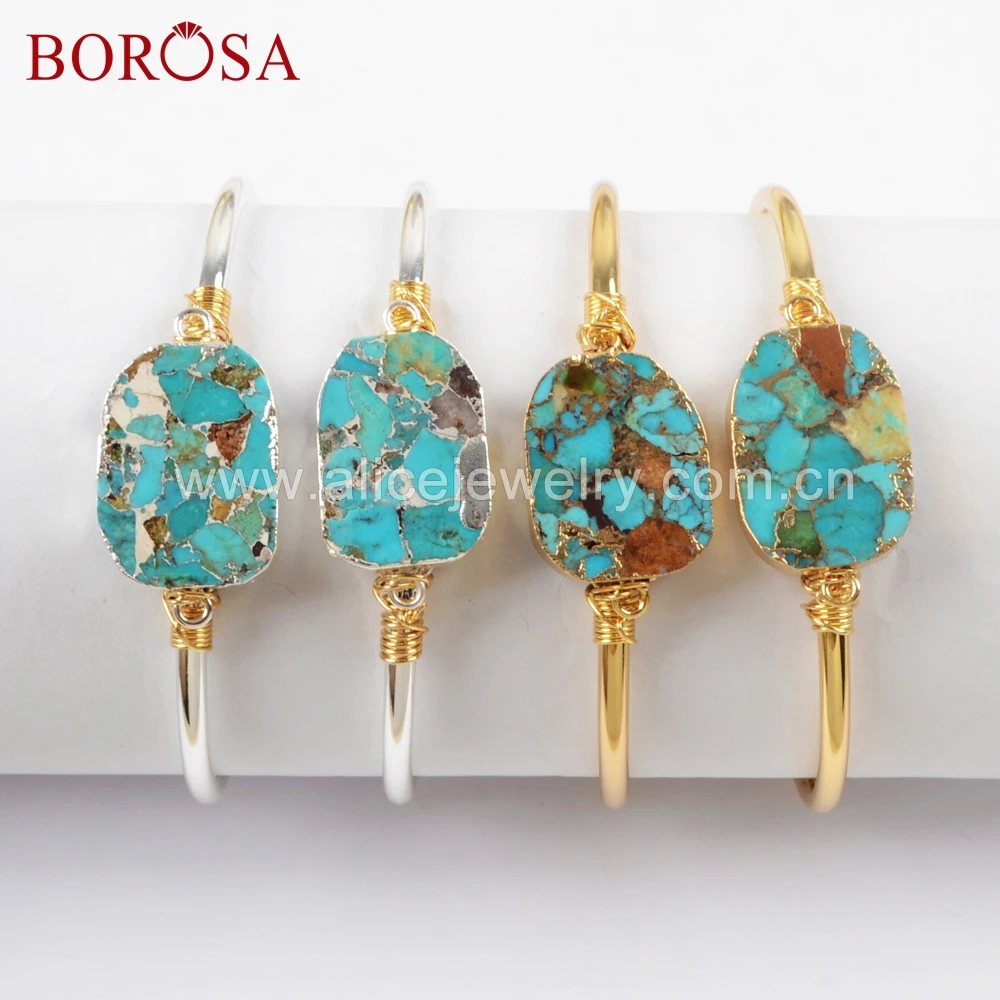 

BOROSA 5PCS Gold/Silver Color Wire Wrapped Natural Copper Tur-quoise Bangle Natural Blue Stone Bangle Jewelry G1660 S1660