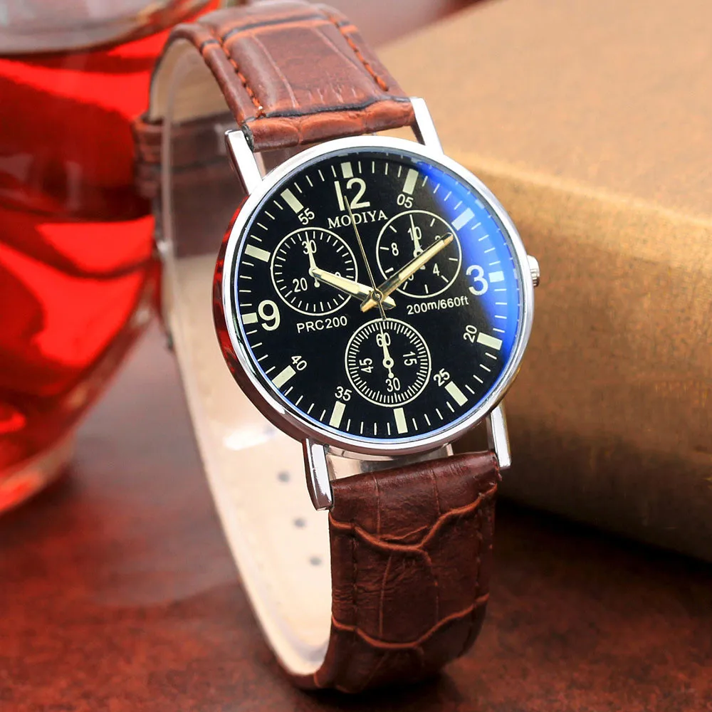 Мужские кварцевые часы с шестью контактными кожаными ремешками кварцевые часы мужские часы с синим стеклянным ремешком часы#40