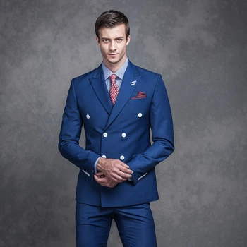 

2017 Best Men Peaked Lapel Groom Tuxedos Blue Two White Buttons Double Breasted Terno Masculino Vestidos (Jacket+Pants+Vest)