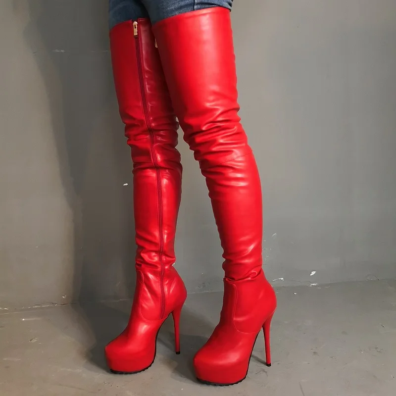 Оригинальное предназначение; пикантные Женские Сапоги выше колена на молнии; красная обувь на платформе; сапоги до бедра; модная женская обувь; большие размеры 4-20