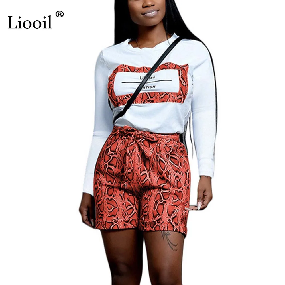 

Liooil Letter Print 2 Piece Set Tracksuits Fall 2019 Long Sleeve Shirt Women Top And Snake Print Shorts Activewear Sets Woman
