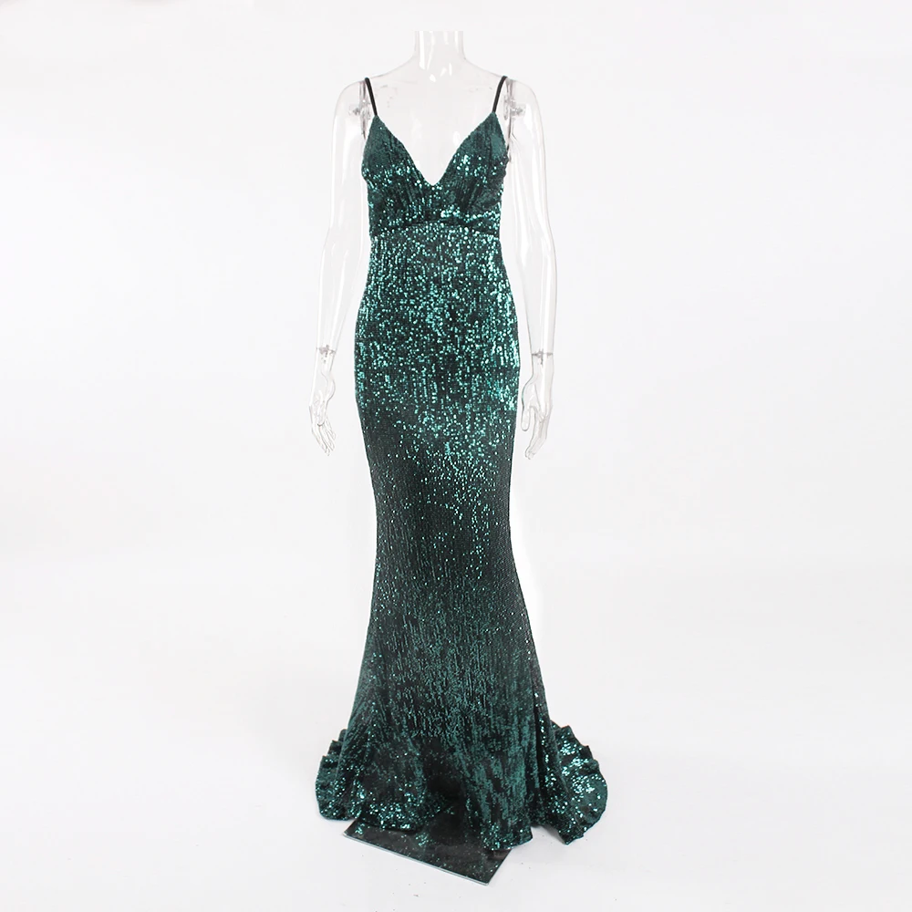 Sequin Hollow Out Padded V Neck Backless Floor Length Mermaid Dress