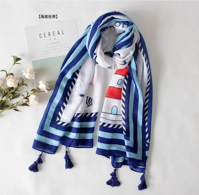 

2017 New Sea Animal Print Tassel Scarf Long Cotton Beacon Fish Pattern Wrap Shawls Hijab Wholesale 10pcs/LOT Free Shipping