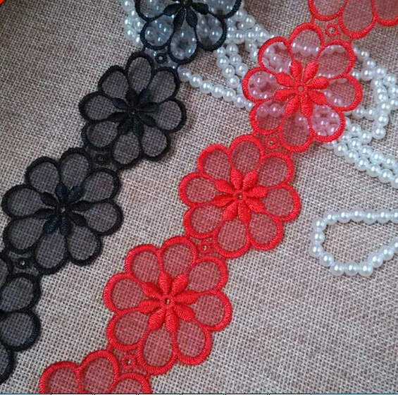 

5 Meters Red Back Pretty Unique Design Embroidered Organza Sewing Daisy Sun Flower Sewing Lace Trims