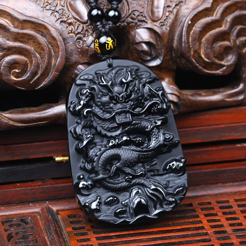 Drop Shipping carving Chinese black A Natural Obsidian carved dragon obsidian necklace pendant | Украшения и аксессуары