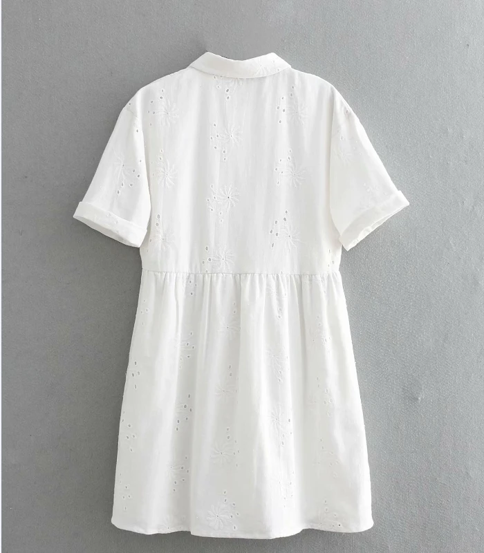 Женское винтажное белое платье-рубашка с вышивкой, платье с коротким рукавом и пуговицами, милые платья, шикарные вечерние платья DS2059
