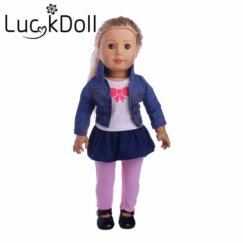 LUCKDOLL/джинсовая куртка с длинными рукавами+ футболка+ платье, синяя юбка+ штаны, Размер 18 дюймов, американский стиль, 43 см, аксессуары для одежды BabyDoll, подарок для девочки