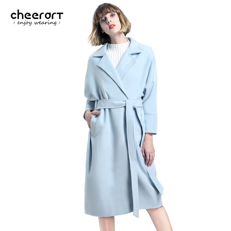 

Cheerart 2017 Winter Long Cardigan Coat Women With Belt Sky Blue/Pink Open Stitch Cloak Loose Thicken Parka Ladies Coat Female