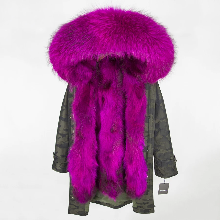OFTBUY, зимняя женская куртка, пальто с натуральным мехом, удлиненная Камуфляжная парка, воротник из натурального меха енота, капюшон с мехом лисы внутри, уличная одежда