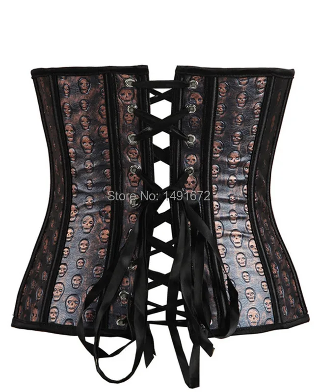 Faux-Leather-Sexy-Brown-Overbust-Corset-with-Skull-Print-Pirate-Costume-Dancer-Top-Plus-Size-S