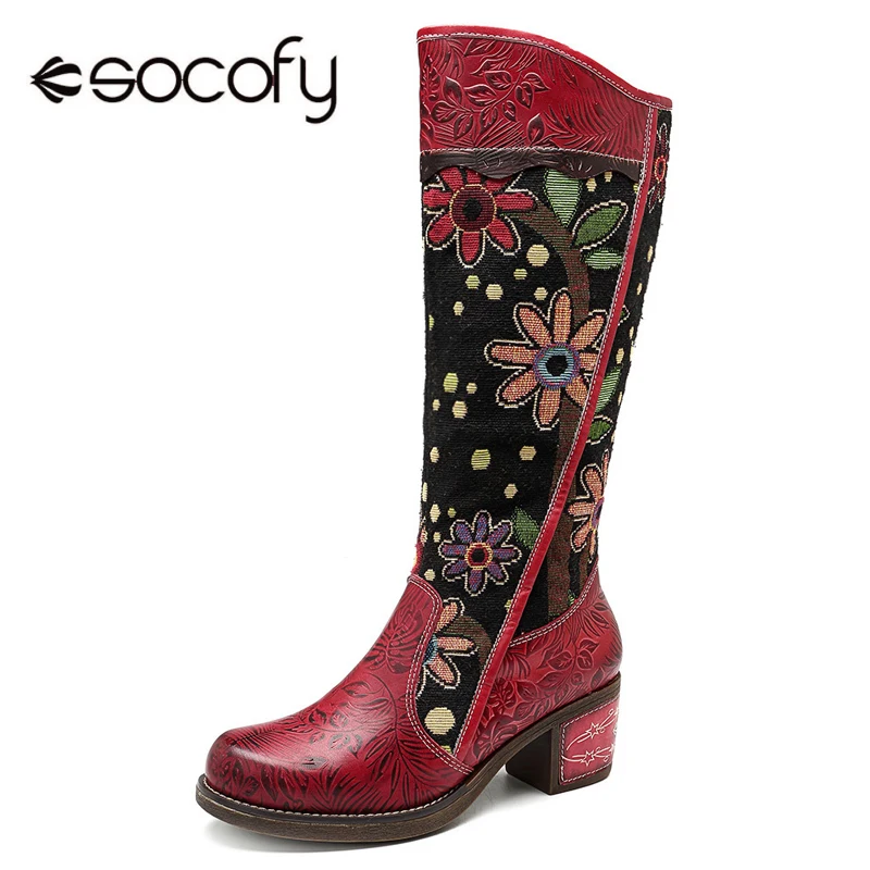 Najtaniej Socofy Vintage Patchwork kowbojki z dalekiego zachodu kobiet buty czeski prawdziwej skóry buty kobieta w połowie buty ze skórki cielęcej jesień Botas Mujer