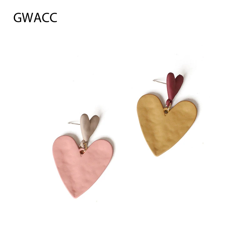 

GWACC 2019 NEW Design Korean Heart Pattern Drop Earrings For Women Cute Girls Matte Earrings Vintage Pink Color Fashion Jewelry