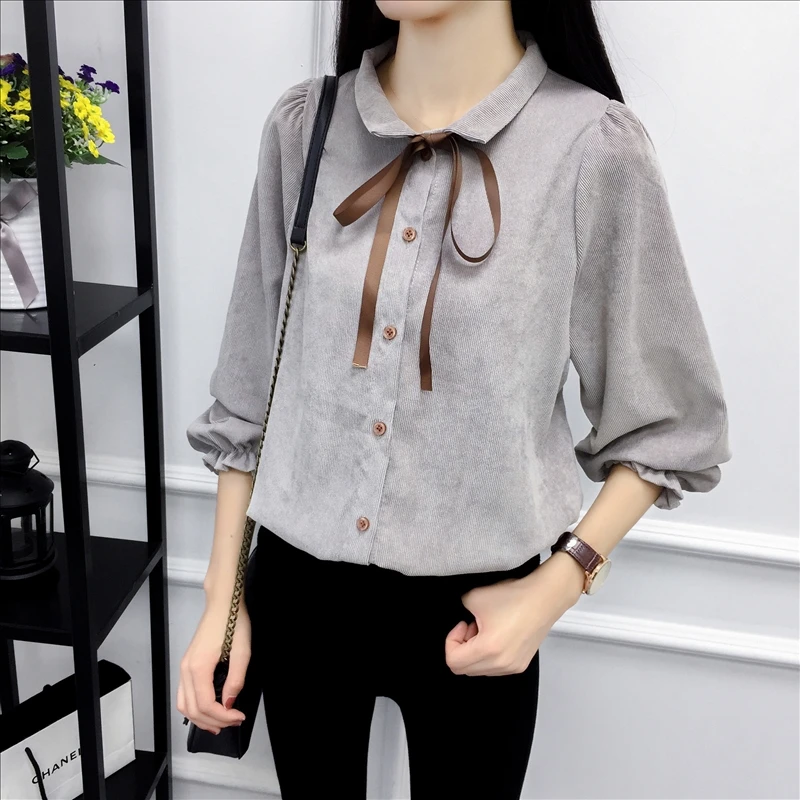 Autumn Long Sleeve Women Shirt Preppy Style Bow Woman Shirt Corduroy Plus Thick Solid Color Women Blouses Turn-Down Collar Top (19)