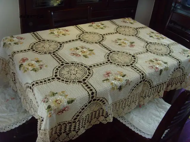 2015 free shipping cotton crochet lace tablecloth with ribbon embroidery flowers lace table towel for home decor overlay skirt - Image 2