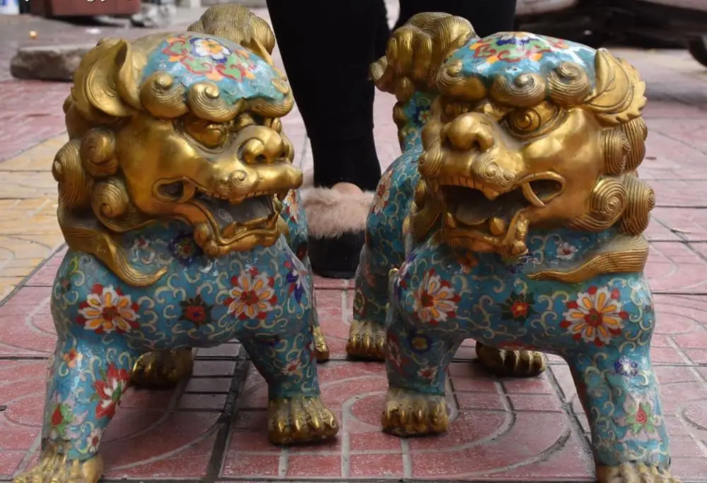 52 см Cloisonne бронза 24K золото позолоченный собака Фу Собака Guardion Лев Пара статуй