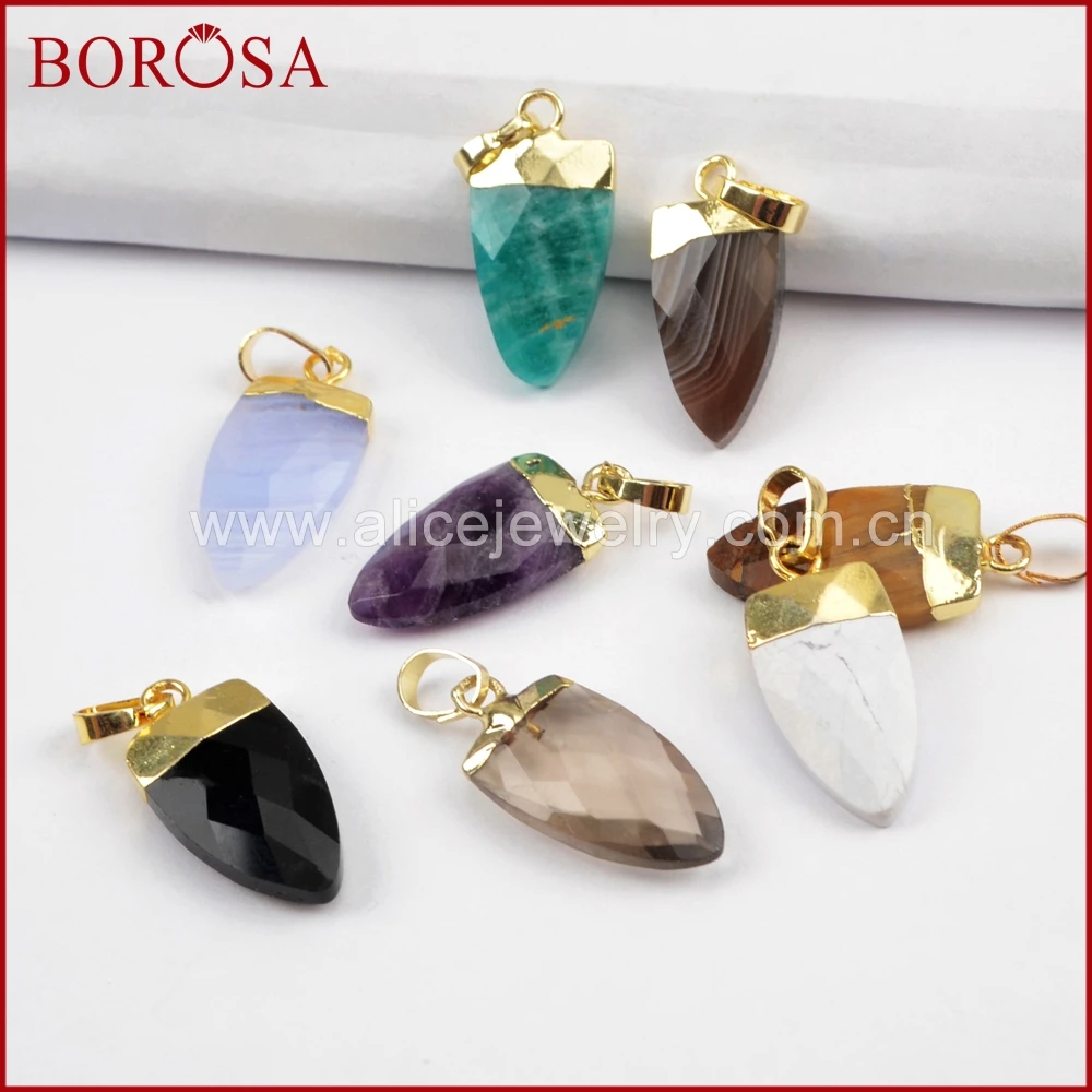 

BOROSA Gems 10PCS Gold Color Multi-kind Faceted Stones Shield Pendants Drusy Natural Stone Pendant Jewelry for Jewelry WX902