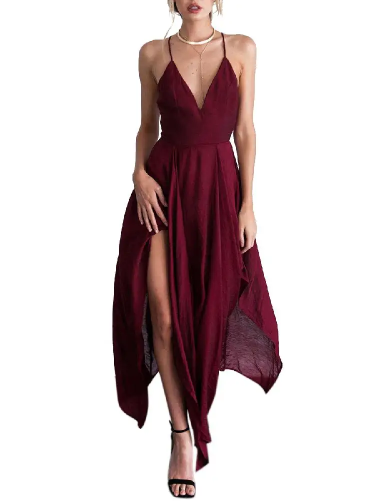 

2019 New Yfashion Women's Asymmetric Sexy Deep V Neck Criss Cross Spaghetti Straps Party Dress