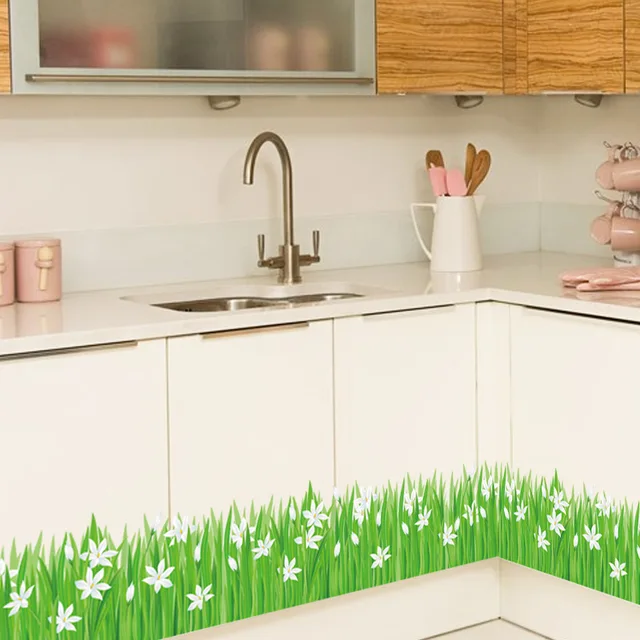 Red Flower White Fence Butterfly Baseboard Wall Sticker Cabinet