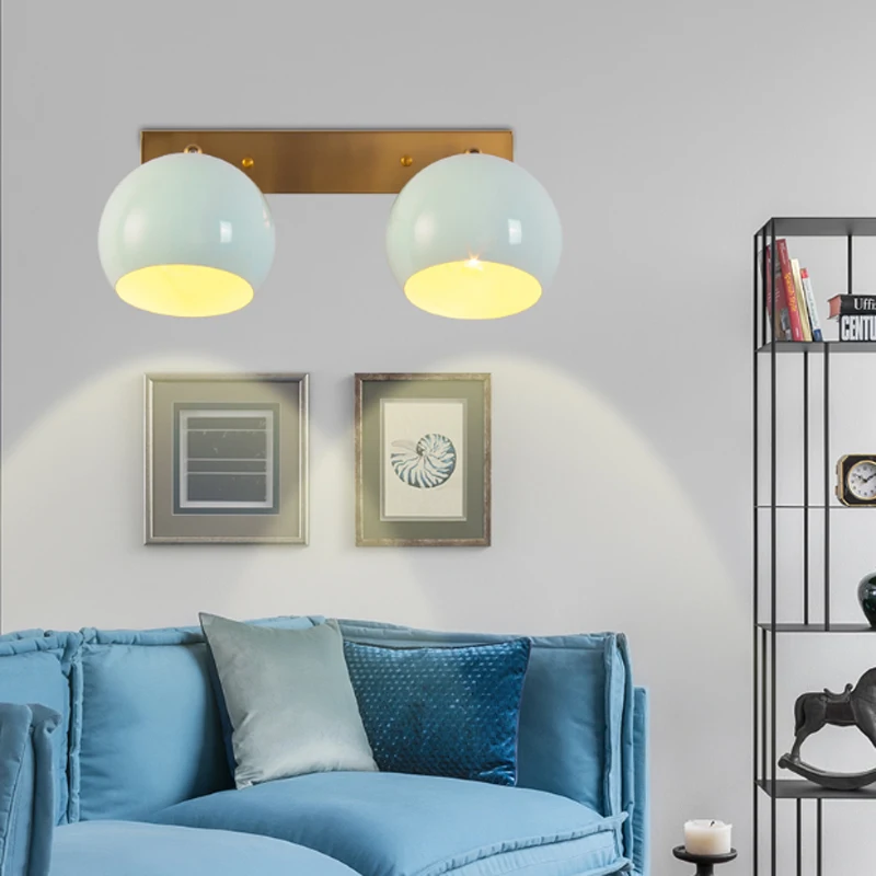 

Modern minimalist iron ball design wall lamp Nordic creative blue paint double head bedroom decoration LED E27 lighting