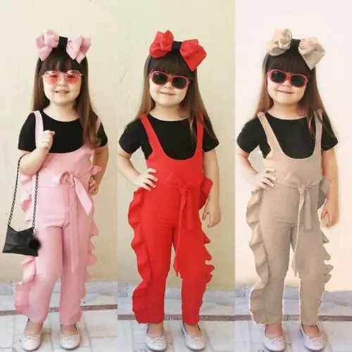 

1-6T Overalls Kid Baby Girl Solid Dungarees Bib Pants Ruffle Romper Overalls Outfits Summer Children Clothes