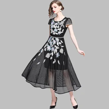 

HAMALIEL Women's Short Sleeve Long Dress Elegant Summer Mesh Floral Embroidery Black Dress Luxury Hollow Out Swing Vestidos