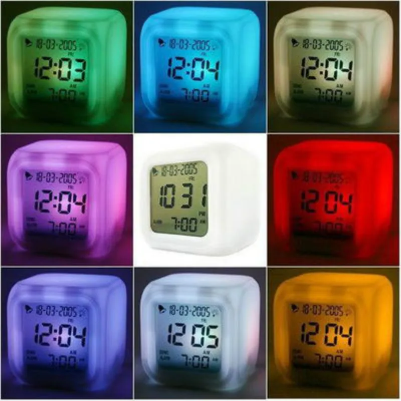 

7 Color Glowing LED Change Digital kid Alarm Clock Thermometer Cube Clock Time Night Glowing Data Week and Temperature Display