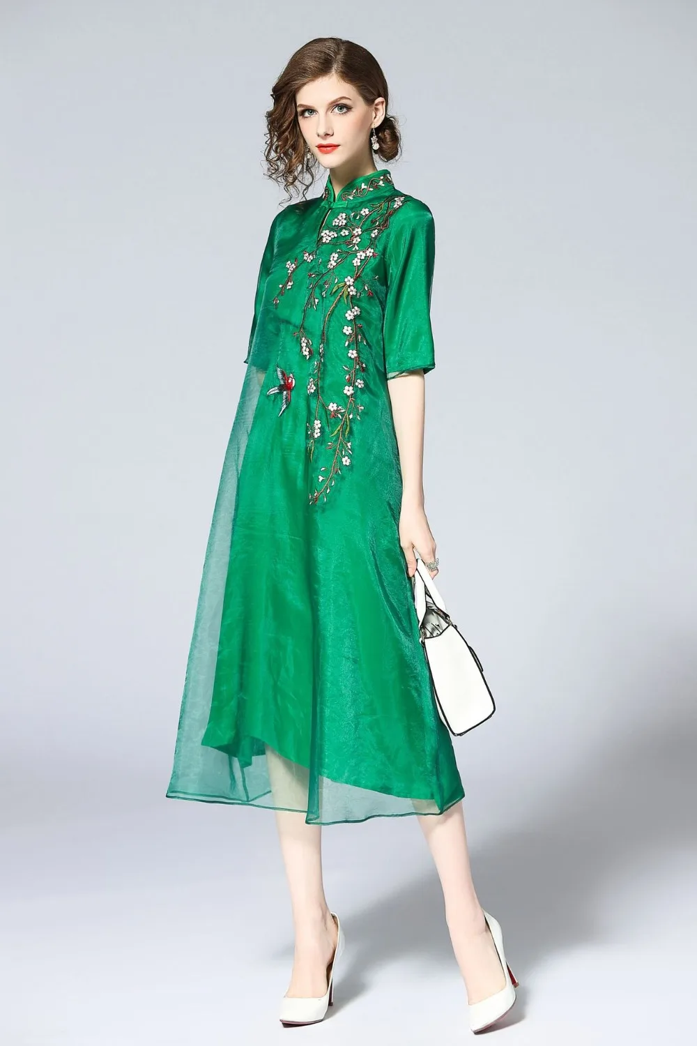 

Chinese style embroidery Qipao Cheongsam mesh loose dress
