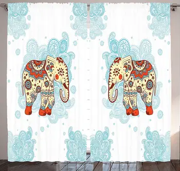 

Elephant Decor Curtains Ethnic Hennah and Floral Bohemian Design Window Decor Panel Set for Living Room Bedroom