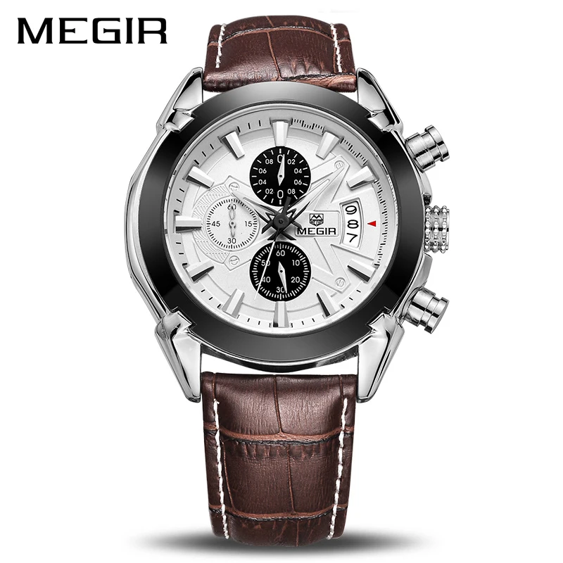 Günstige MEGIR Original Männer Quarzuhr Reloj Hombre Leder Business Uhren Mann Uhr Chronograph Armee Militär Uhr Sport Männlichen 2020