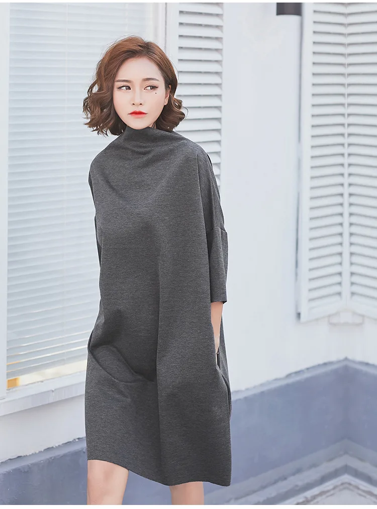 YSMARKET New Fashion Korean Autumn Dress Solid Color Batwing Sleeve Semi-high Collar Loose Large Size Casual Dress Women