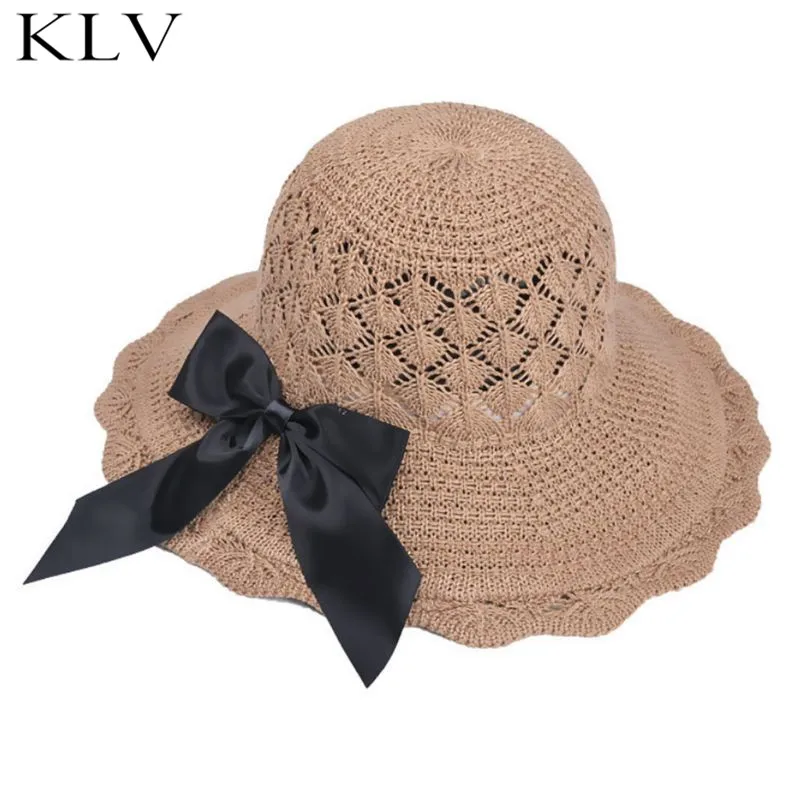 Женская пляжная шляпа ручной работы в богемном стиле, бант из атласной ленты, складная Солнцезащитная шляпа с широкими волнистыми полями и ремешком для подбородка - Цвет: A