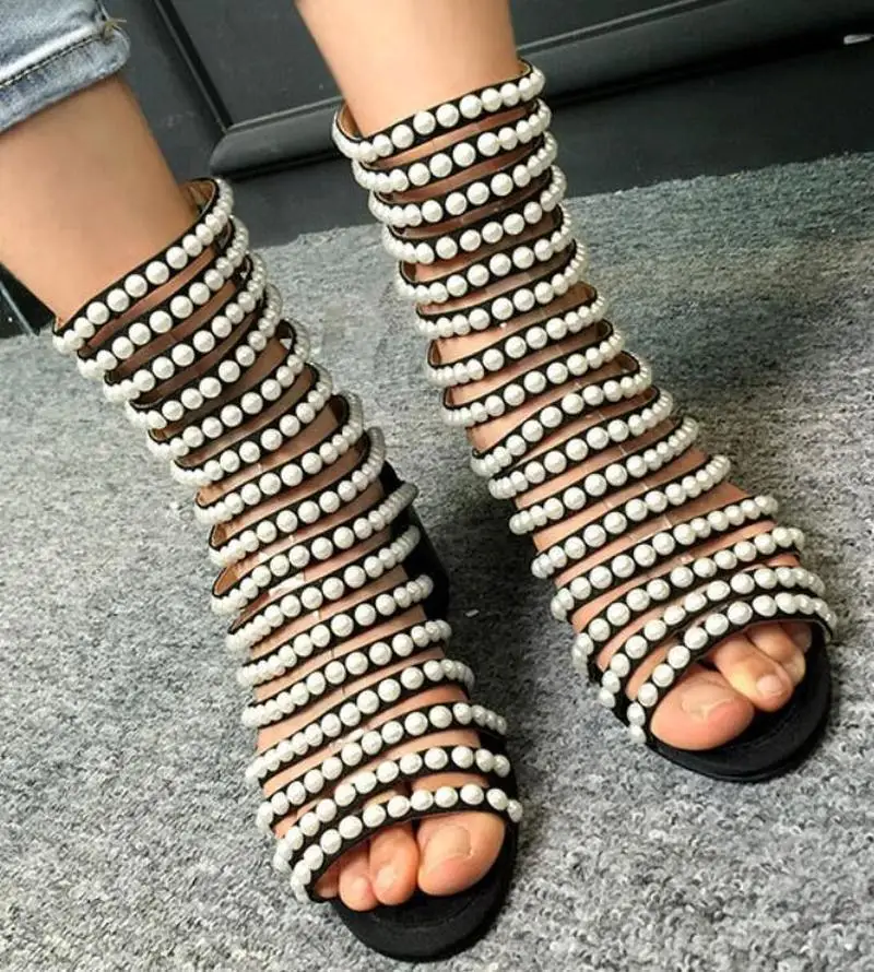 

Womens Pearls Beads Sandals Hollow Ankle Boots Open Toe Block Mid Heel Shoes Bling Roman Gladiator Plus Size A652
