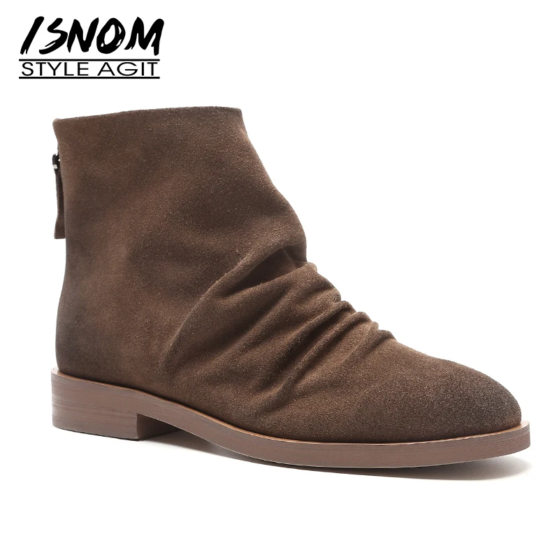 

ISNOM Cow Suede Women Boots Round Toe Footwear Ankle Female Boot Zip Pleated Platform Casual Girl Shoes Woman 2019 Spring New