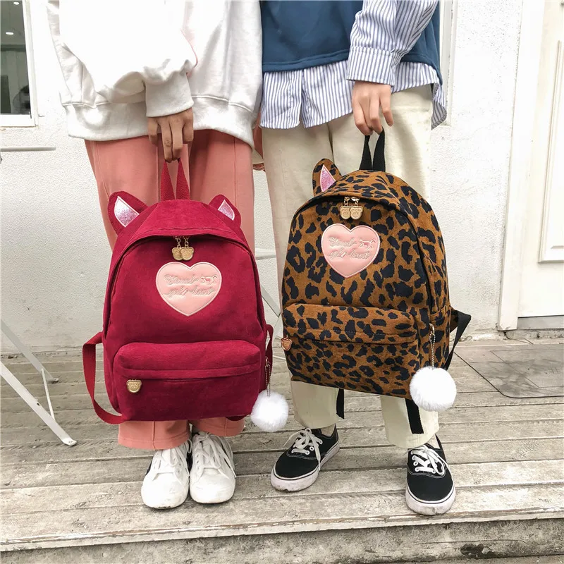 

2019 Summer New Preppy Style Women Corduroy Leopard Heart Backpacks Female Students Casual School Bags Shoulder Bags