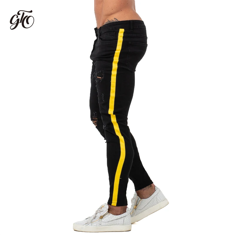 Skinny Jeans Men Yellow Stripe Mens Skinny Biker Jeans Denim Super Spray on Factory Direct Supply Dropshipping Big Size zm68