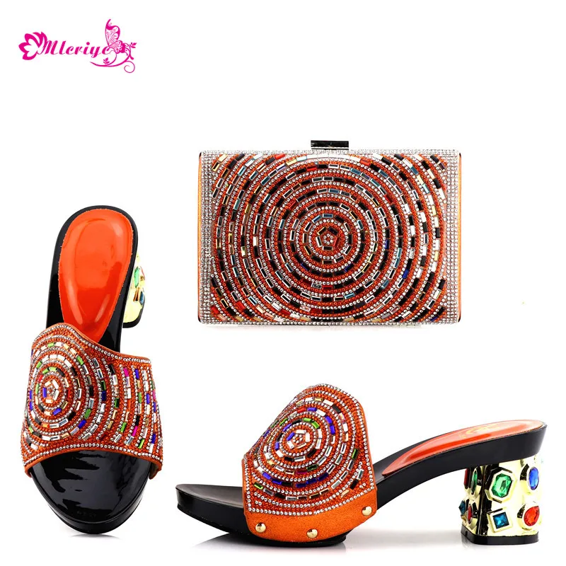 

orange Color Italian Shoes with Matching Bag African Women Italian Shoes and Bag Set Nigerian Women Wedding Shoe and Bag Set