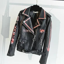 Новинка, женские Вечерние кожаные куртки в стиле панк с буквенным принтом, черные мотоциклетные пальто в стиле рок с длинным рукавом и бусинами