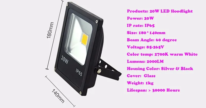 10W, 20W, 30W ,50W, 70W 100W LED Floodlight 85-265V Epistar Bridgelux LED PF0.95 -20wsize