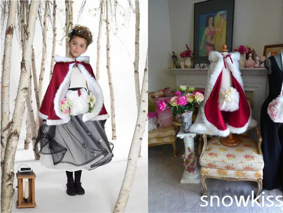 

Red Wine Hip Length Girls Cape Ivory/White Wedding Cloaks Faux Fur Jacket For Winter Kid Flower Girl Children Outerwear & Coats