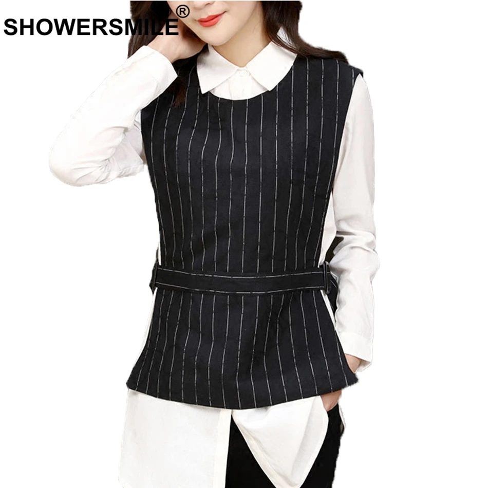 SHOWERSMILE Womens Vest Jacket Black Striped Waistcoat Ladies Linen OL Adjustable Waist Slim Fit Female Short Spring Gilet 3xl