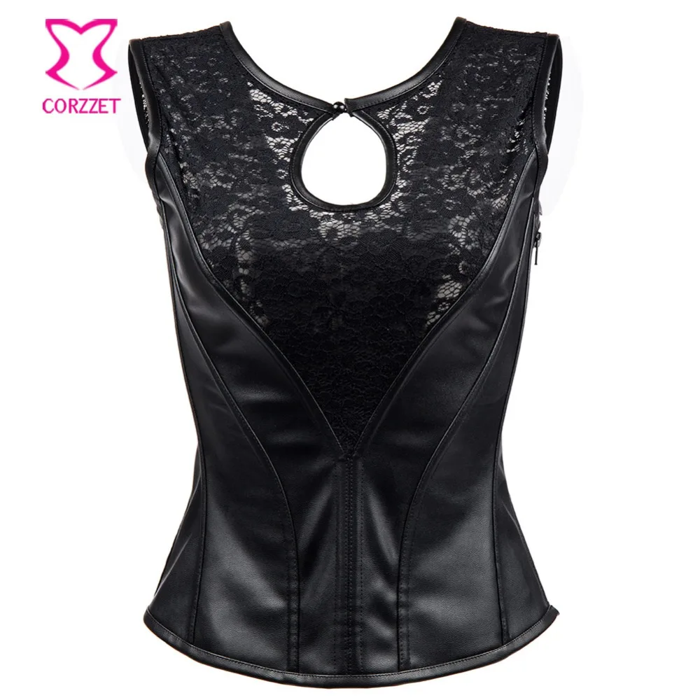 

Steampunk Gothic Black Lace Leather Side Zipper Corset Vest Bustier Top Punk Sexy Steel Boned Corsets Corselet Gothique Femme