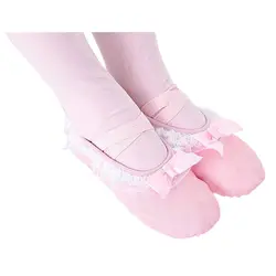 Для девочек балетки с кружевными оборками атласный бант розовый холст танцевальная обувь балетные Тапочки